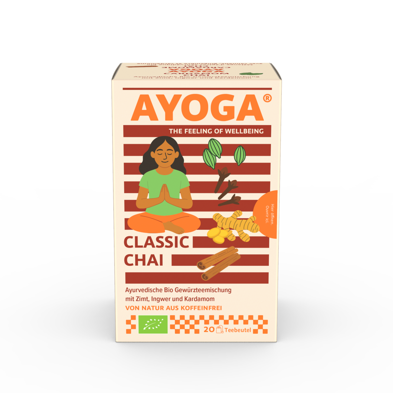 Teeverpackung AYOGA Classic Chai, grüne Frau meditierend, Zimt, Ingwer, Kardamom.