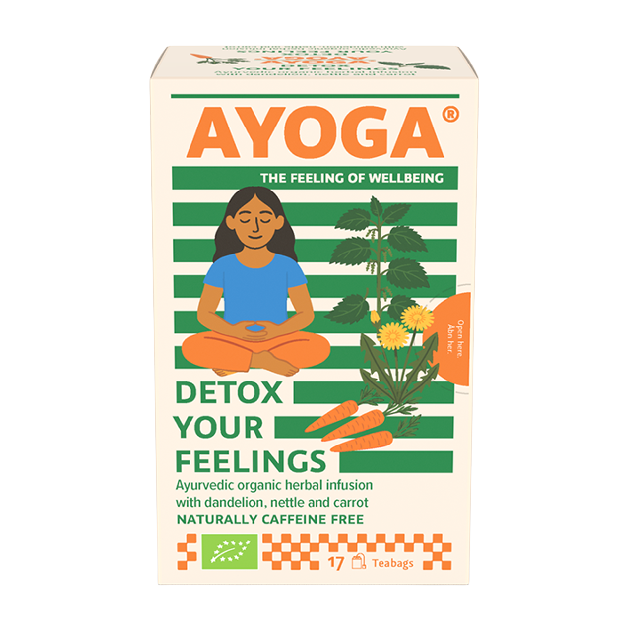 AYOGA Detox Your Feelings, Frau meditiert, ayurvedische Zutaten, rechteckige Packung, grüne Streifen.