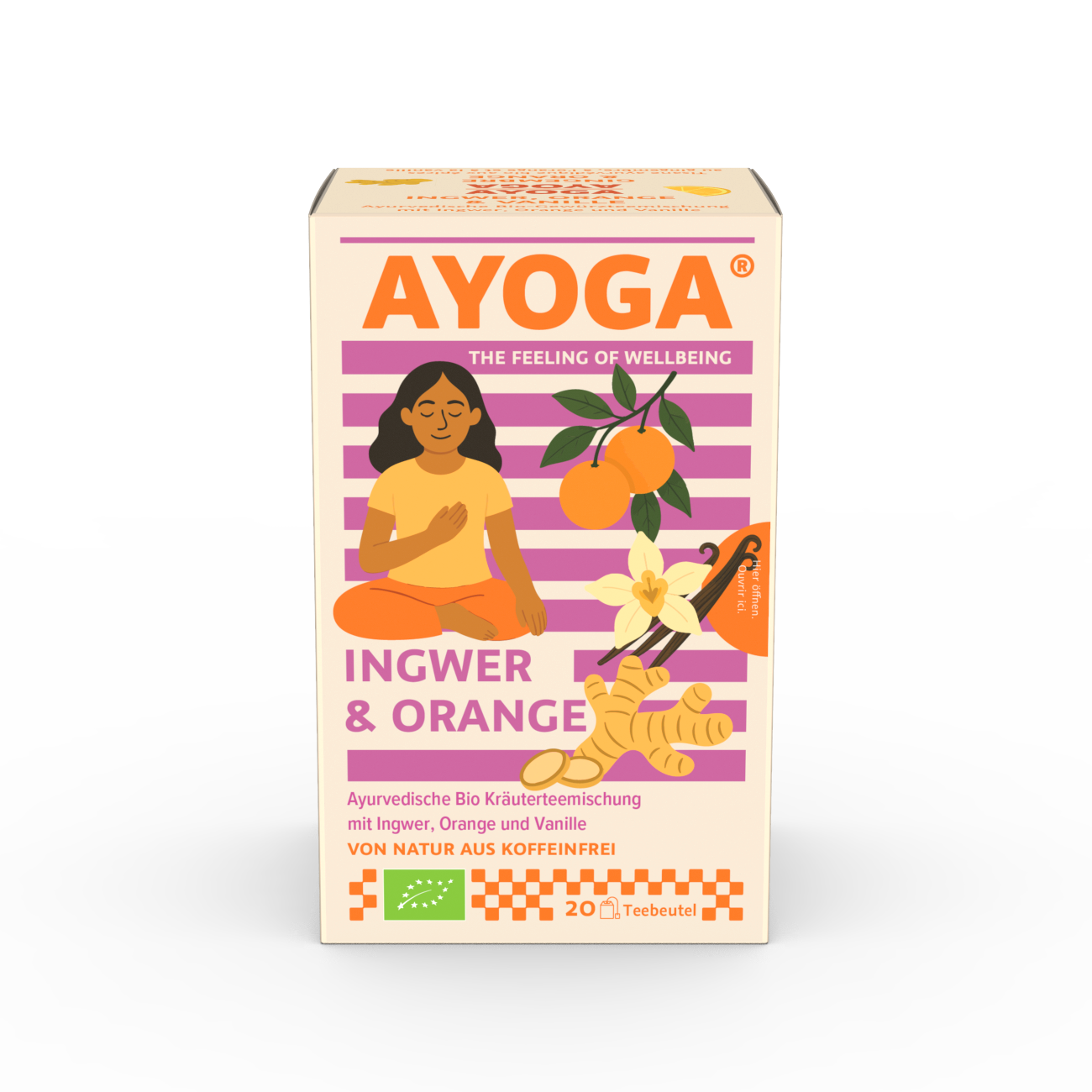 Teeverpackung AYOGA Ingwer & Orange, pinke Frau meditierend, Ingwer, Orangen.