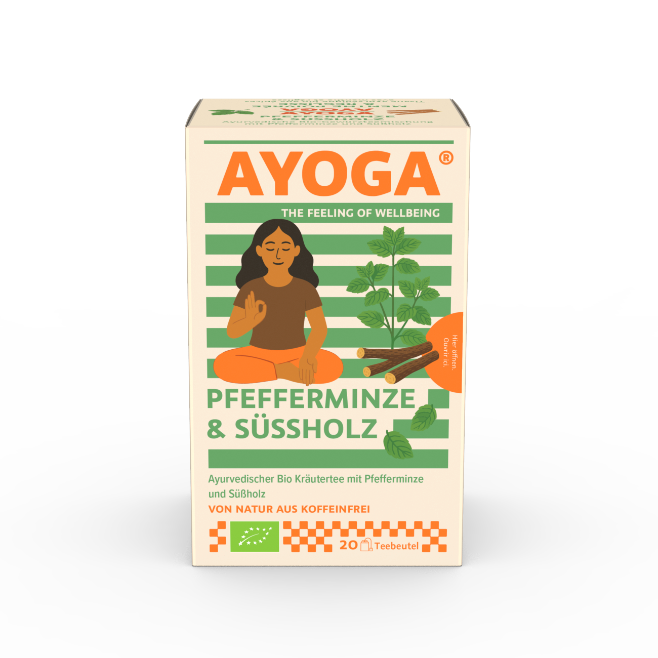 Teeverpackung AYOGA Pfefferminz & Süßholz, grüne Frau meditierend, Pfefferminz.