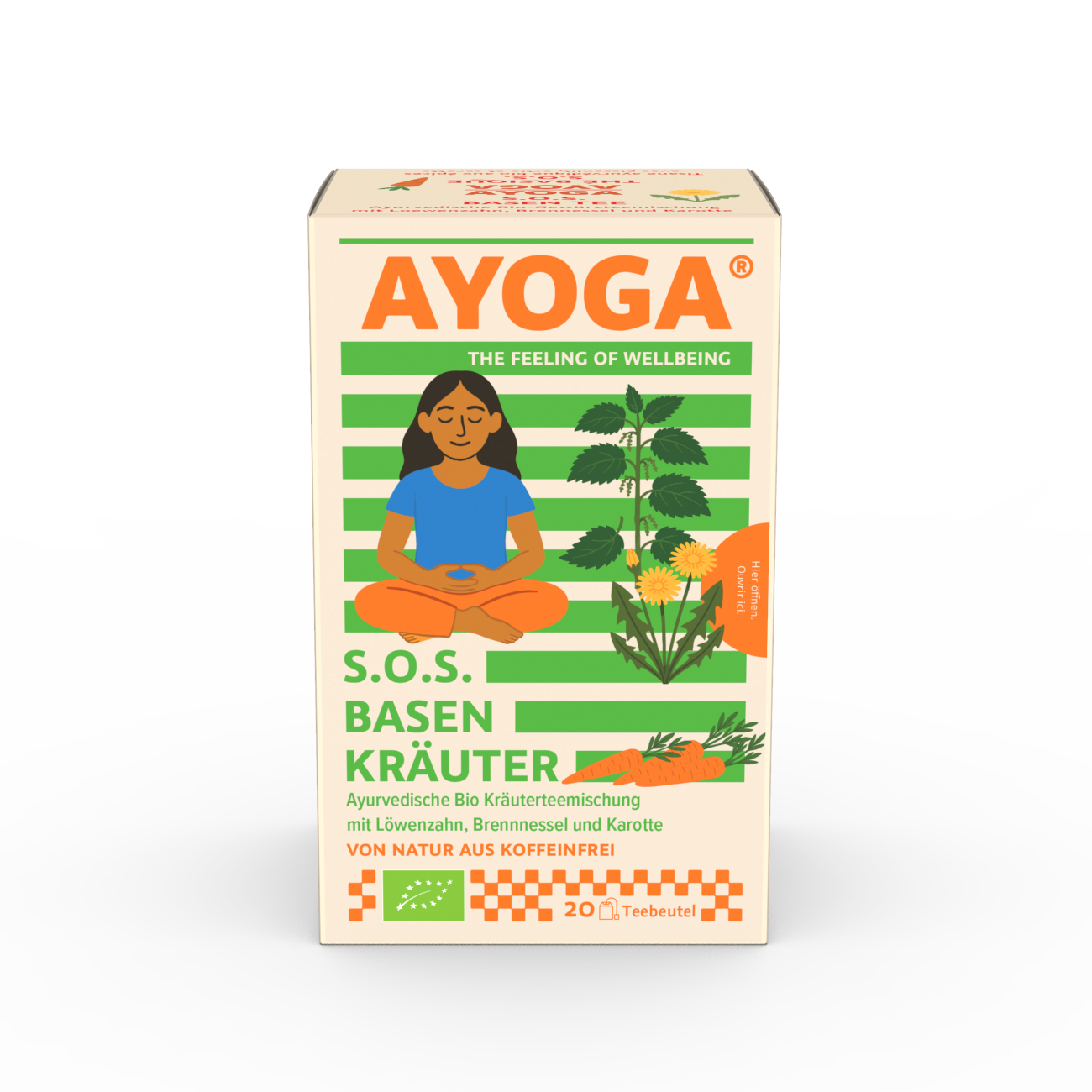 Teeverpackung AYOGA S.O.S. Basenkräuter, blaue Frau meditierend, Löwenzahn.