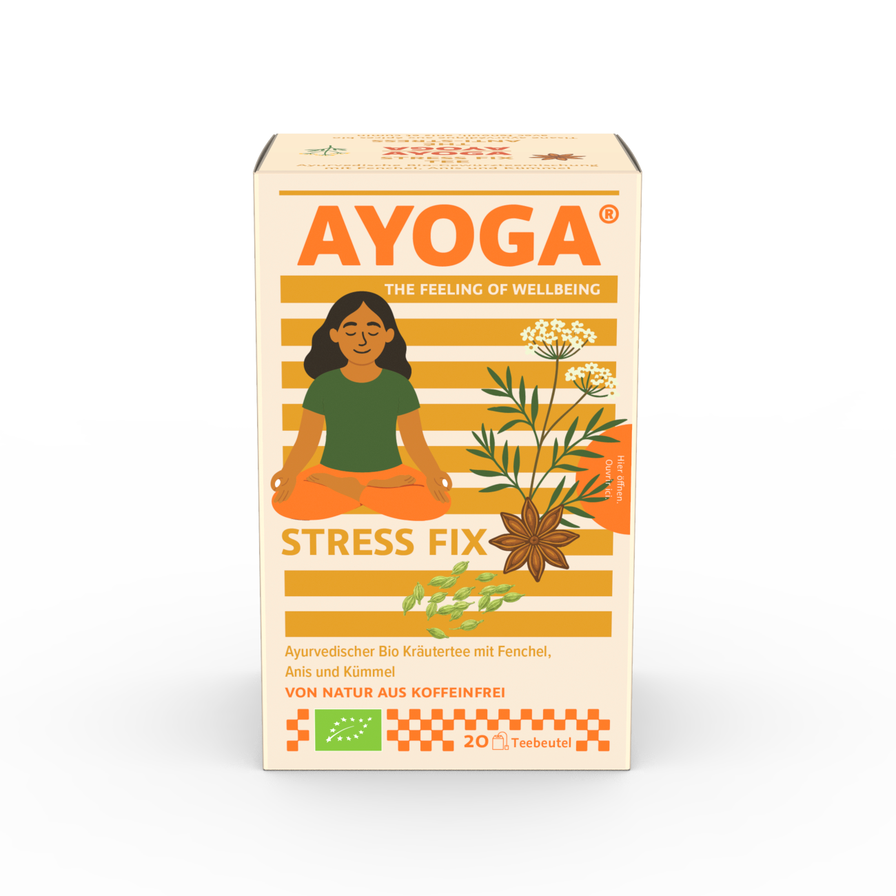 Illustration einer meditierenden Person neben Pflanzen auf einer ayurvedischen Teeverpackung.