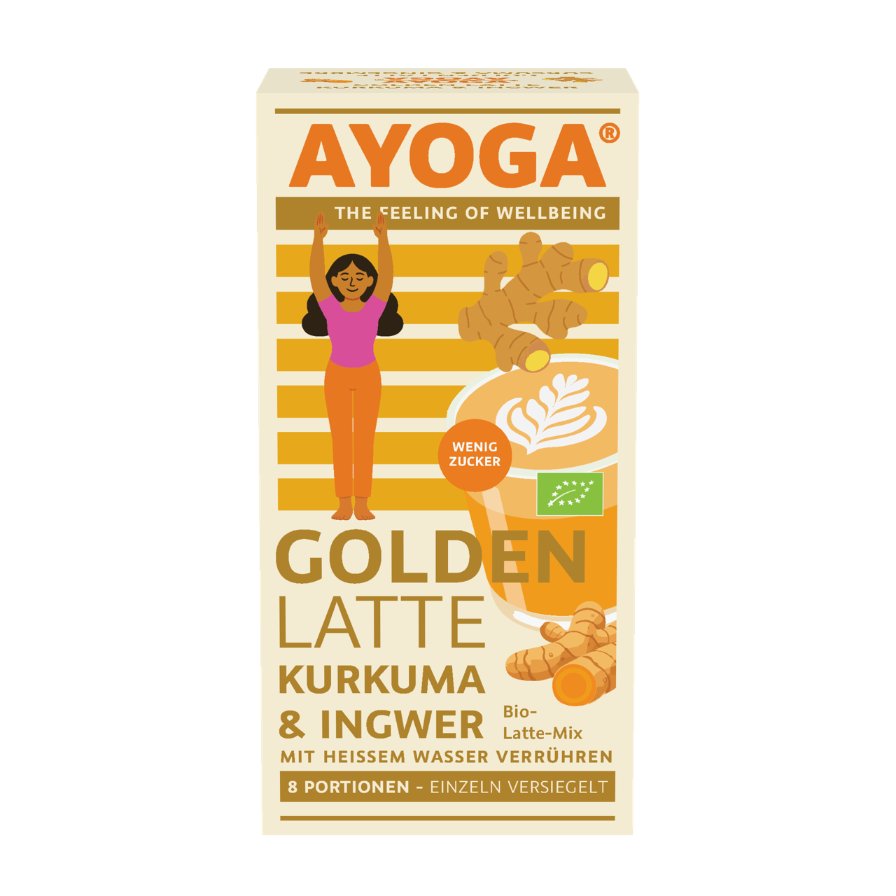 Verpackung von Golden Latte Kurkuma Ingwer mit Illustration von Frau und Kurkumawurzeln.