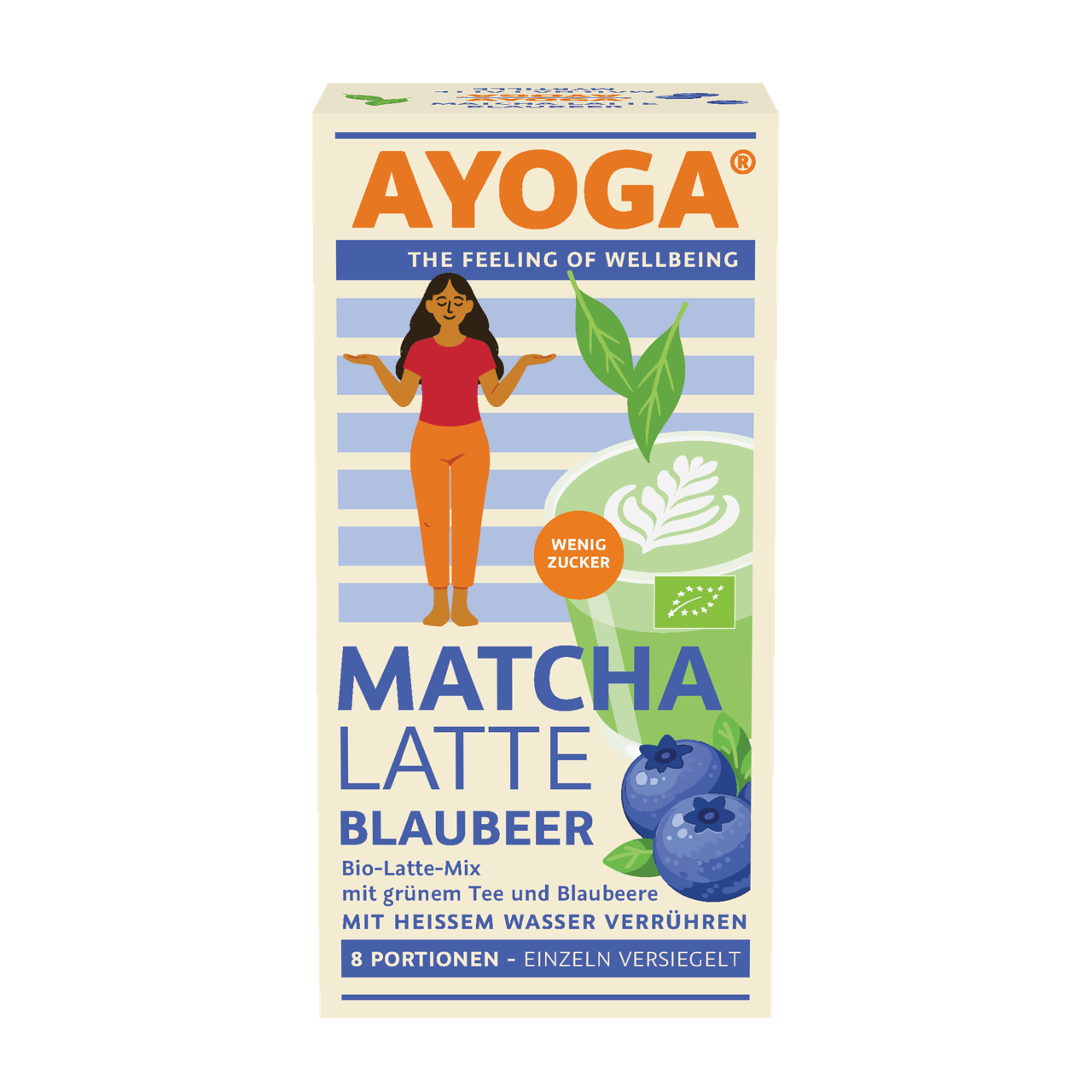 Verpackung von Matcha Latte Blaubeer mit Illustration von Frau, grünen Blättern und Blaubeeren.