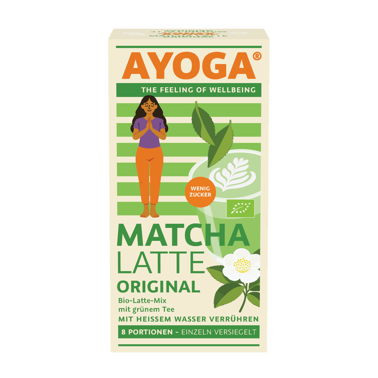 Verpackung von Matcha Latte Original mit Illustration von Frau, grünen Blättern und Blüte.