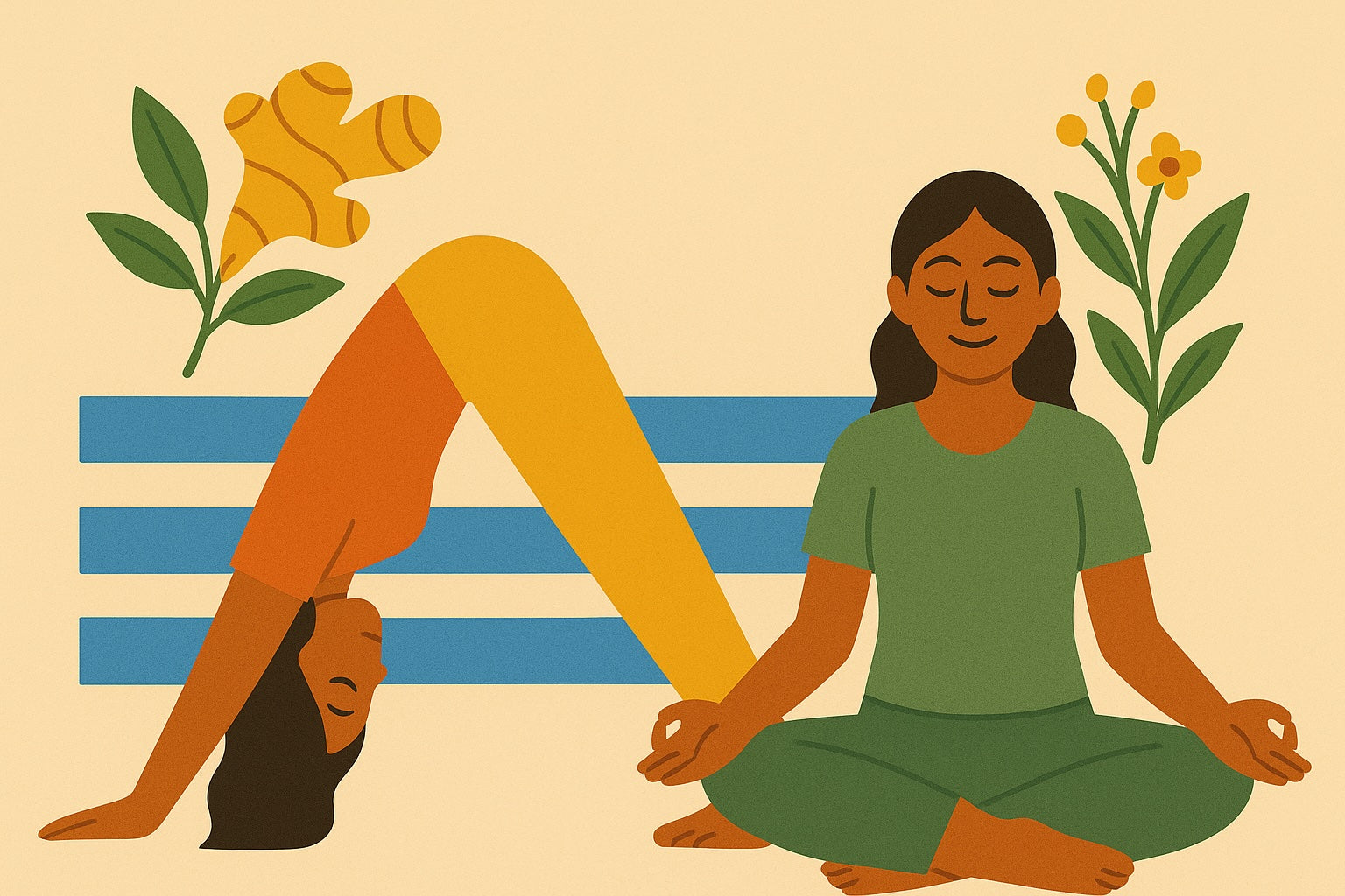 Illustration zweier Personen beim Yoga, mit Pflanzen im Hintergrund.