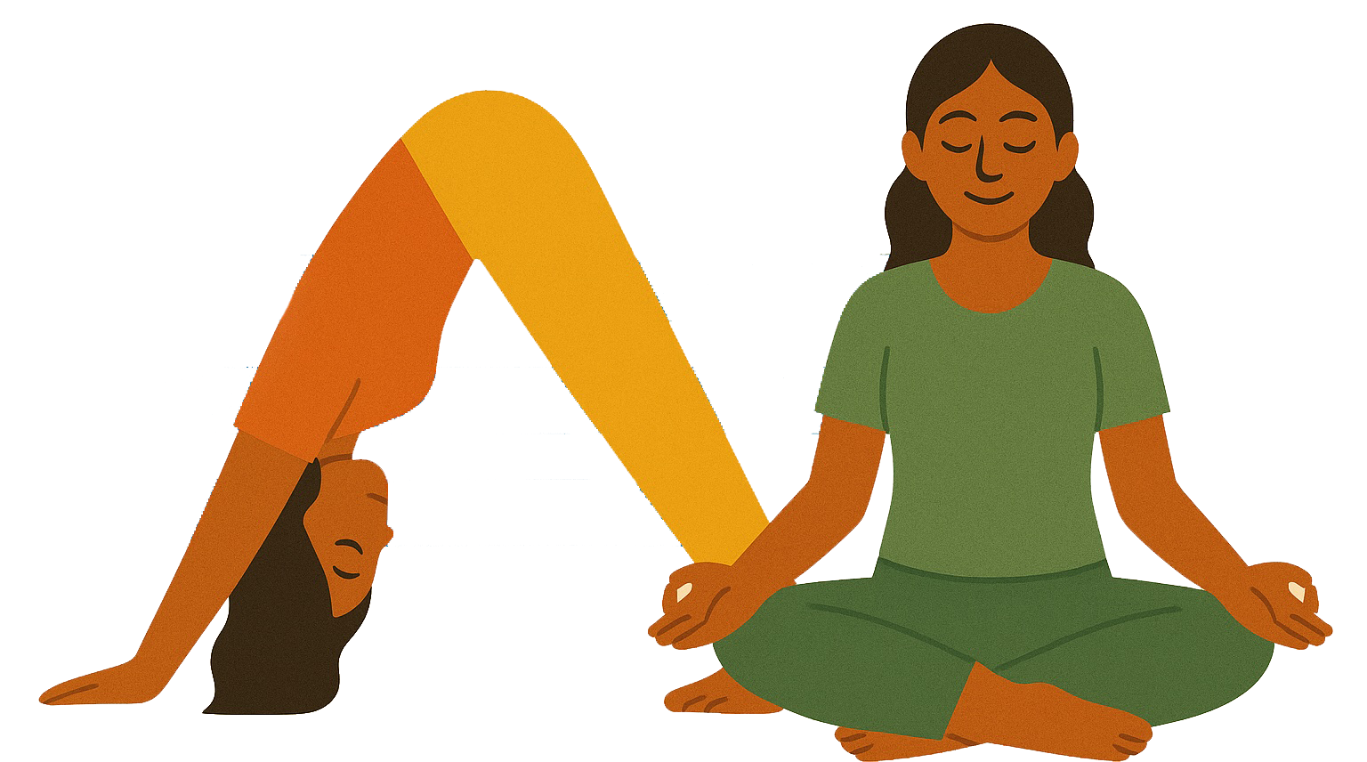 Illustration zweier Personen bei Yoga-Übungen, eine sitzend, eine im Hund-Position.