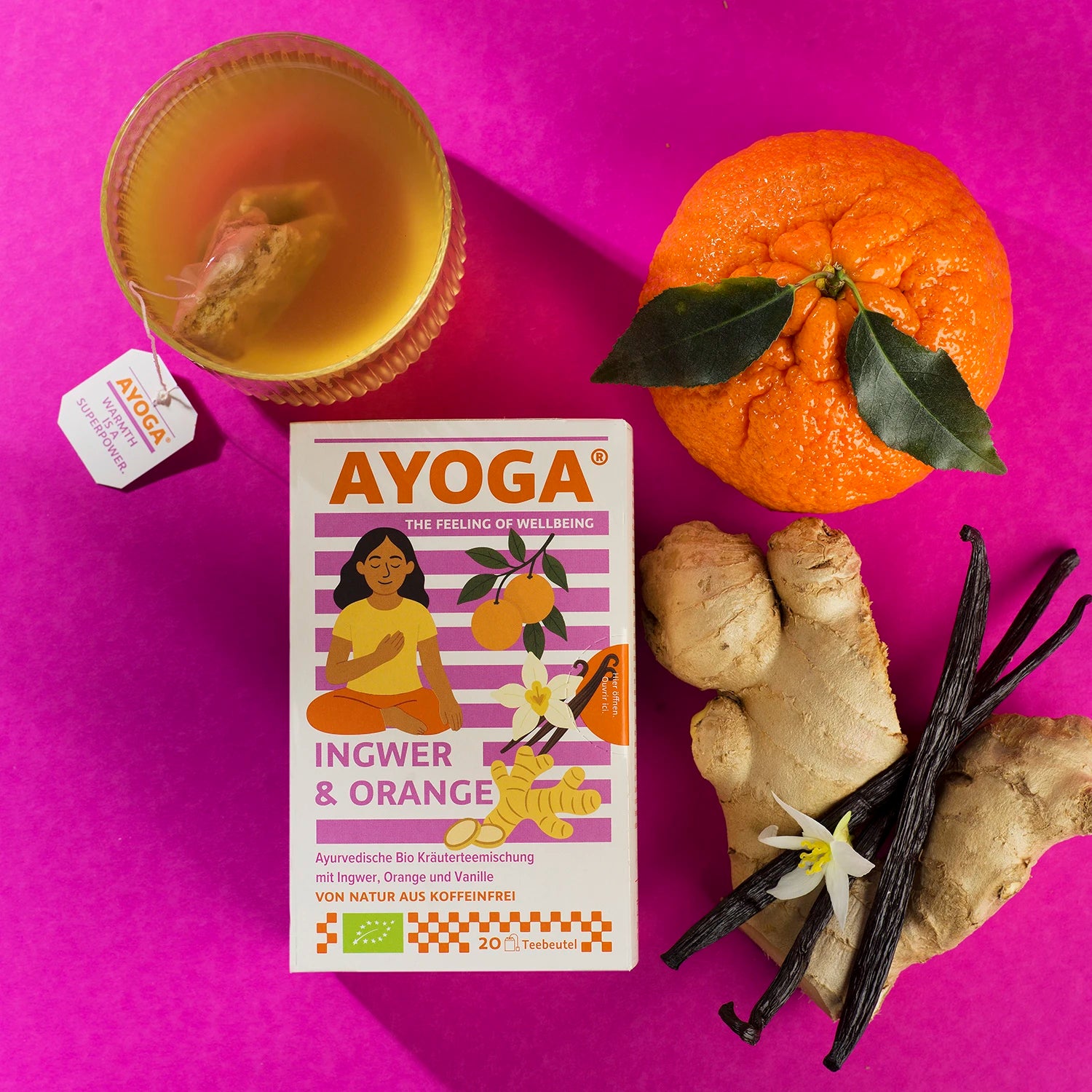 Ingwer & Orange Tee vor rosa Hintergrund mit Teeglas, Ingwer, Vanille und Orange.