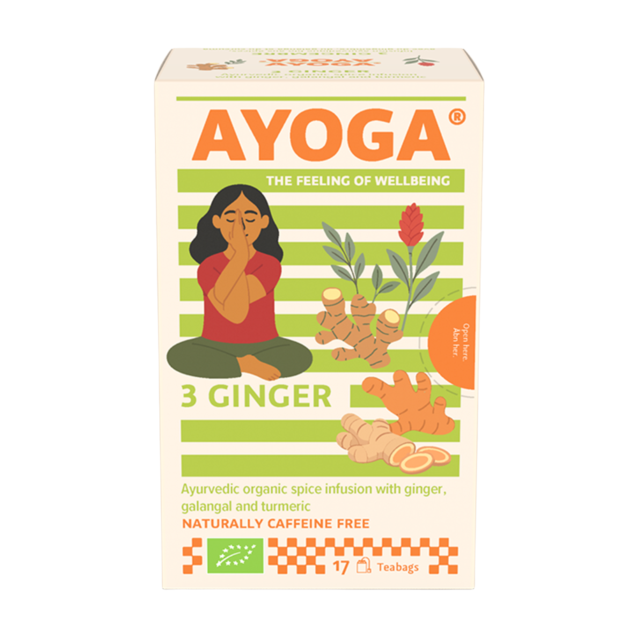 AYOGA 3 Ginger, meditierende Frau, Ingwerillustration, rechteckige Packung, grüne Streifen.