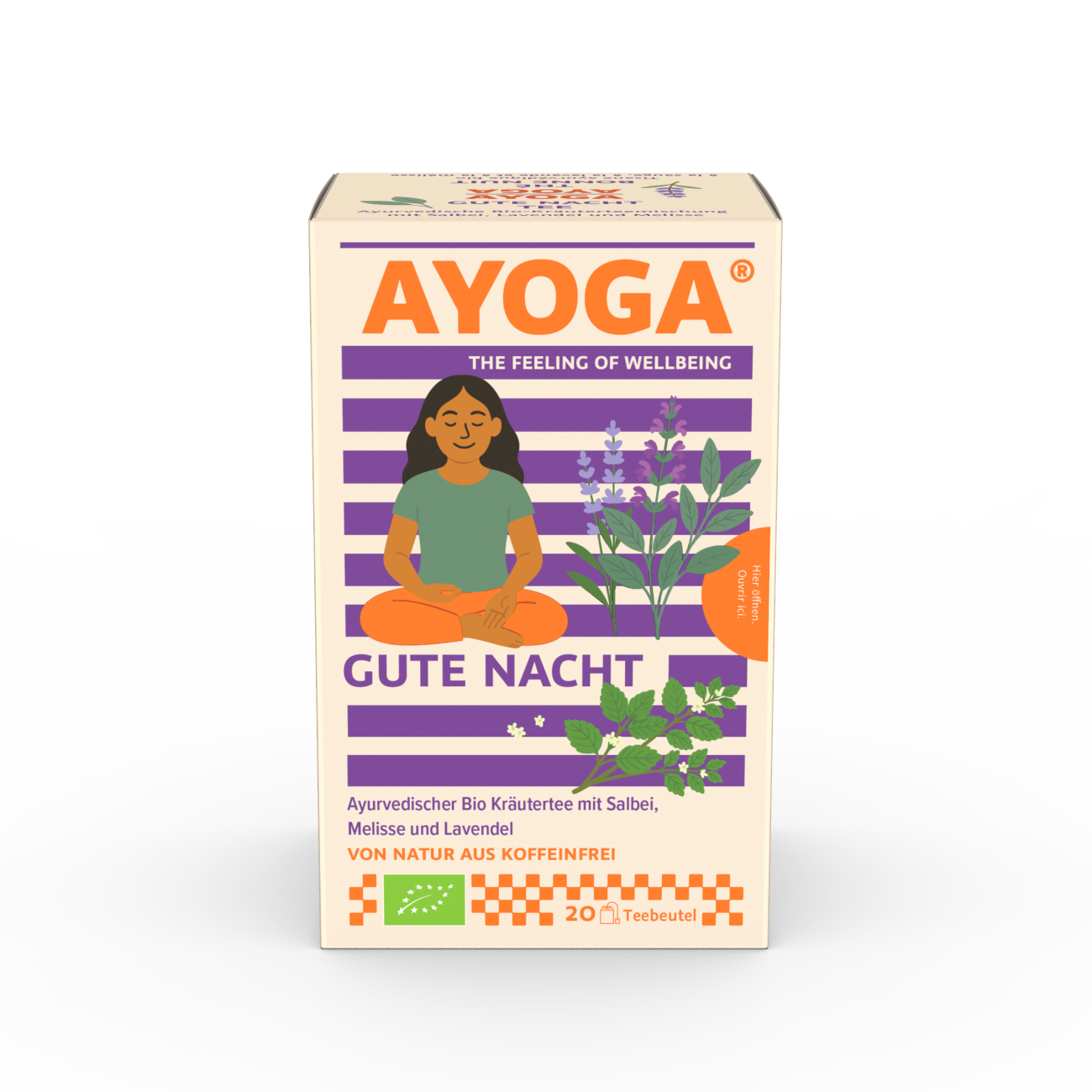 Teeverpackung AYOGA Gute Nacht, lila Frau meditierend, Salbei, Melisse, Lavendel.
