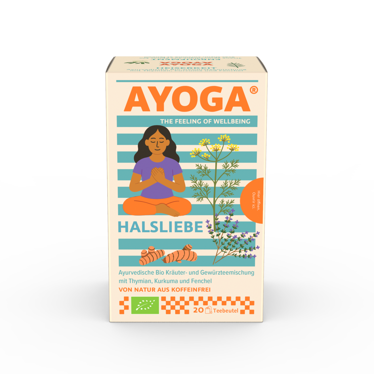 Emballage thé AYOGA amour gorge, femme bleue méditant, thym, curcuma, fenouil.
