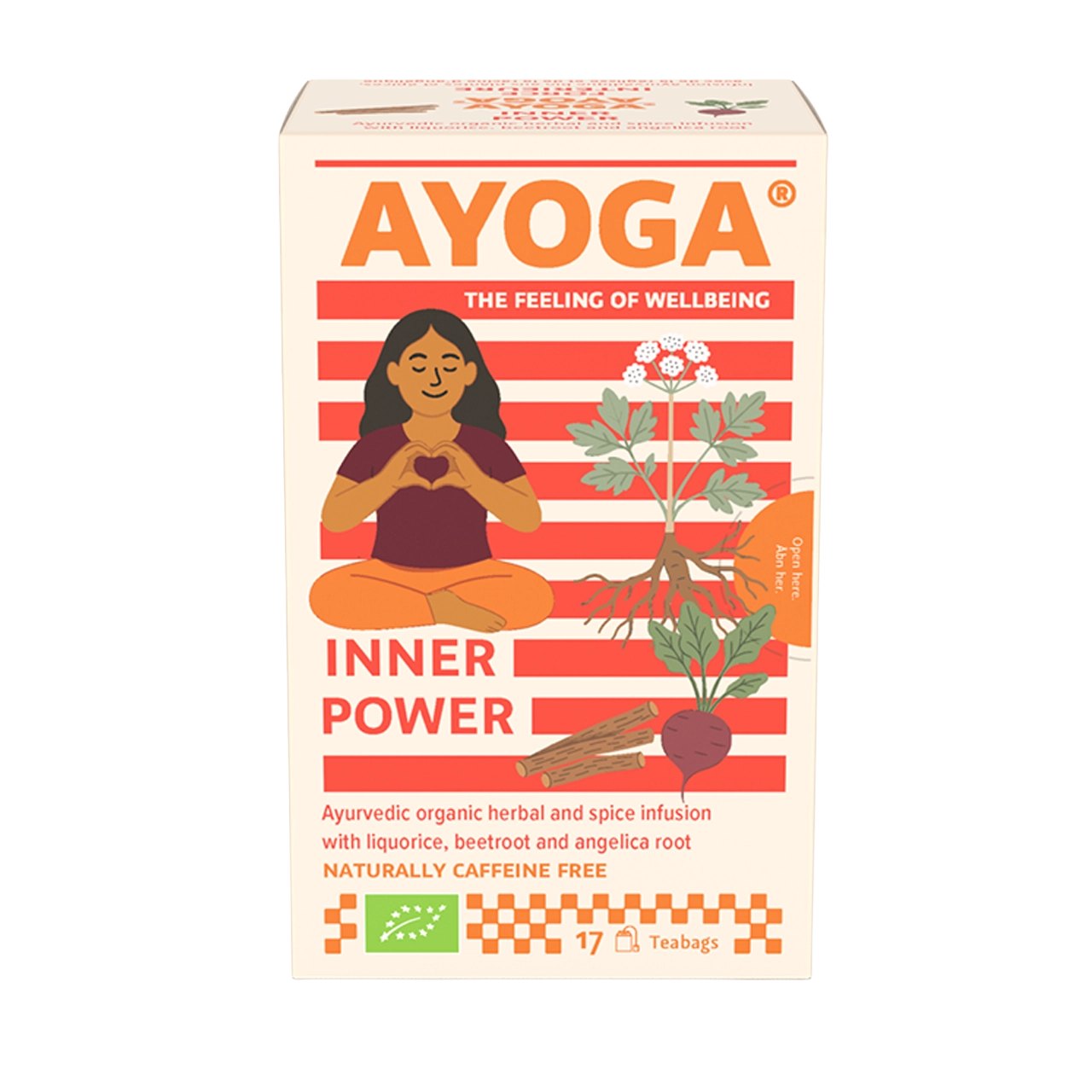 Frau in Meditationspose auf einer orangefarbenen Verpackung mit Pflanzen, darunter Text „INNER POWER”.