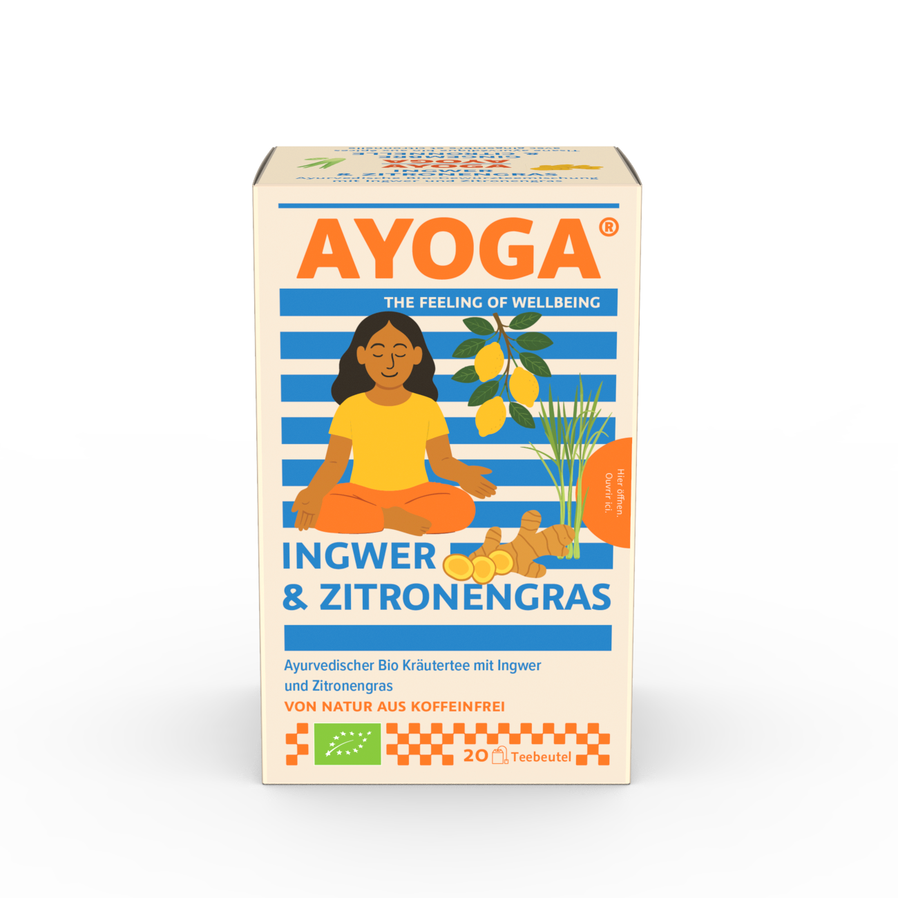 Teeverpackung AYOGA Ingwer & Zitronengras, gelbe Frau meditierend, Ingwer.