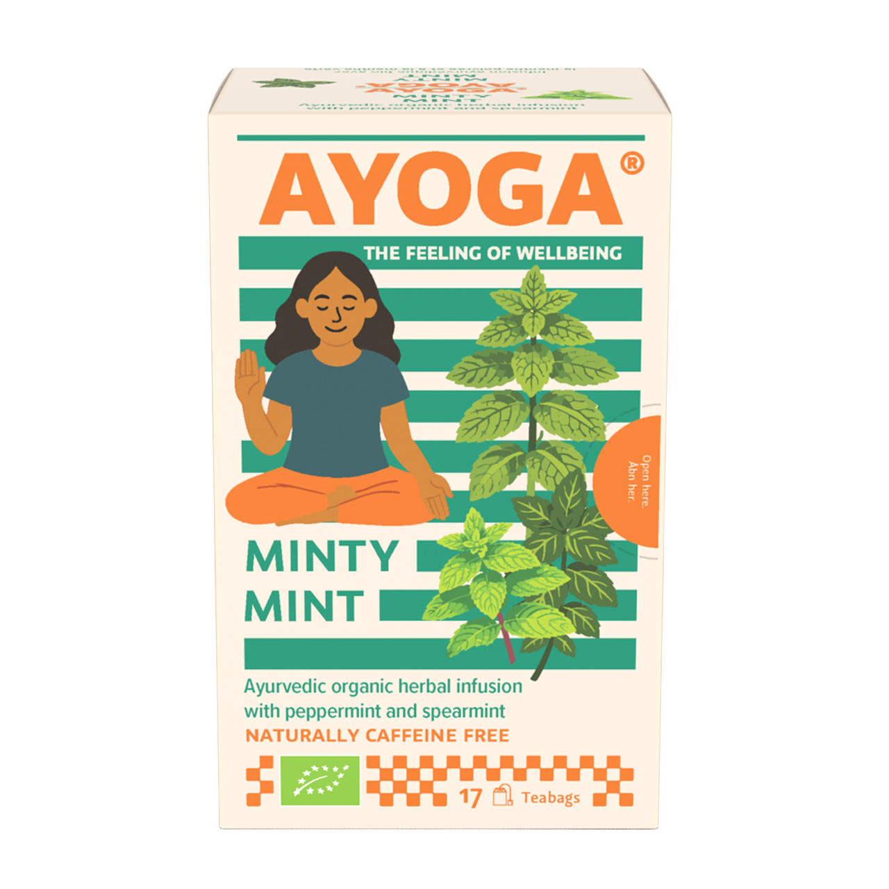 AYOGA Minty Mint, meditierende Frau, Pfefferminzillustration, rechteckige Packung, grüne Streifen.