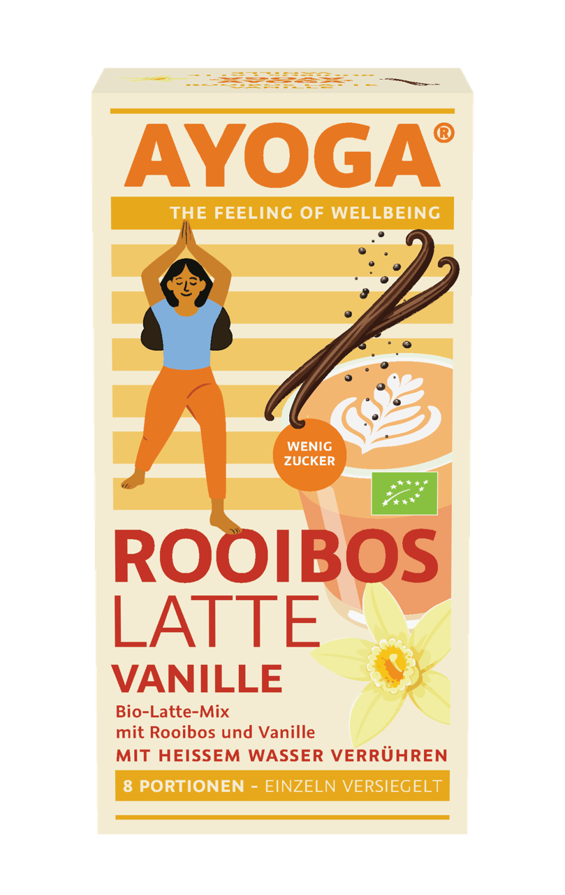Verpackung von Rooibos Latte Vanille mit Illustration von Frau, Vanilleschoten und Blume.