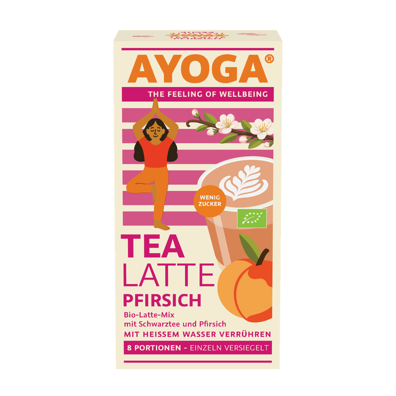Verpackung von Tea Latte Pfirsich mit Illustration von Frau, Blütenzweig und Pfirsich.