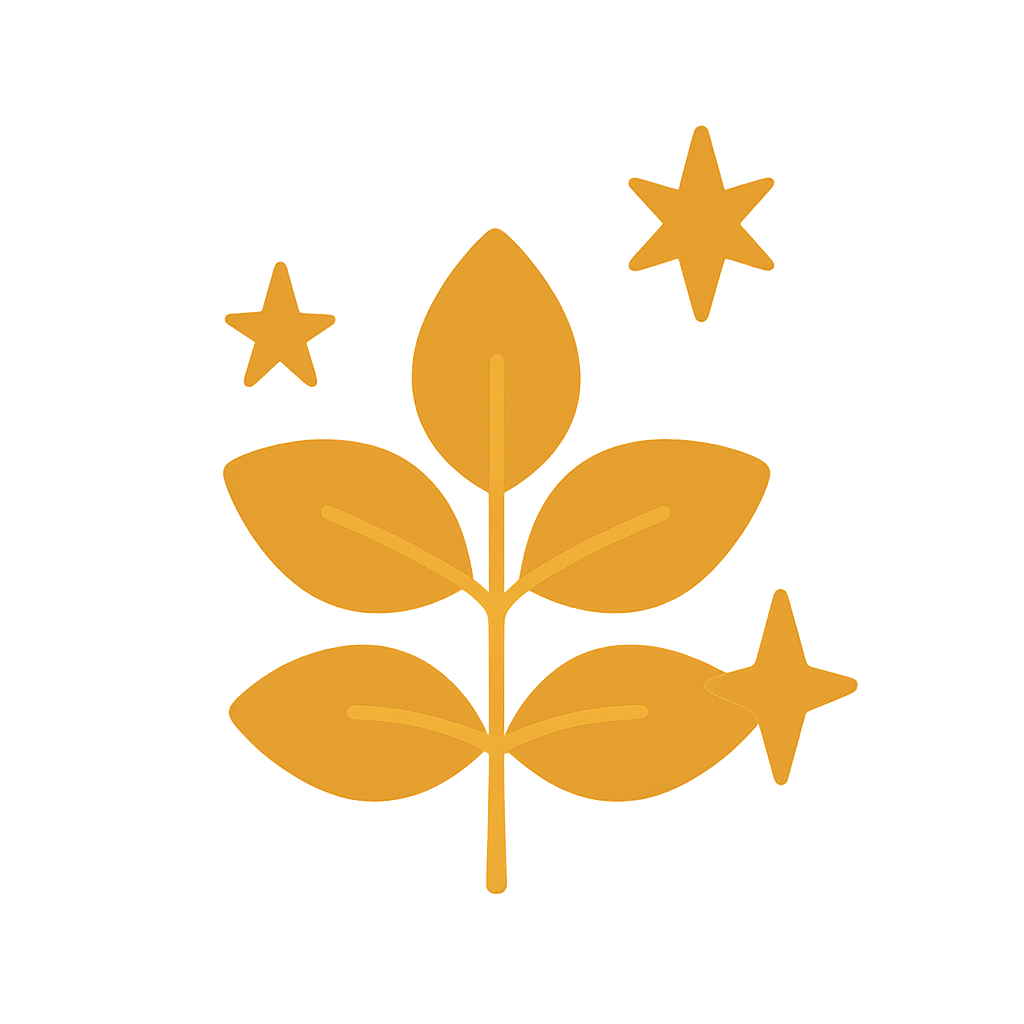 Goldene Pflanze und Sterne mit klaren Linien auf weißem Hintergrund.