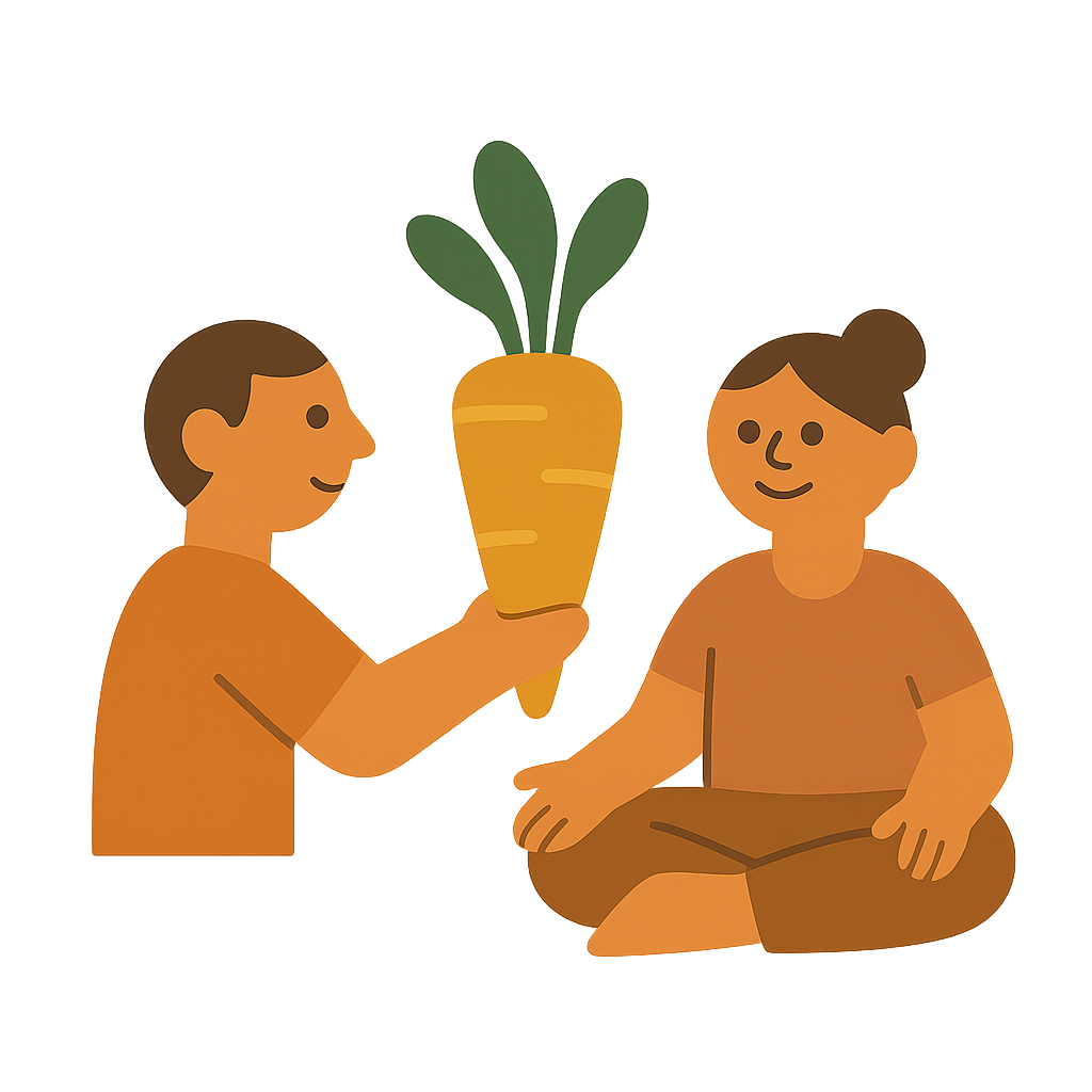 Illustration von zwei Personen, eine überreicht der anderen eine große Karotte.